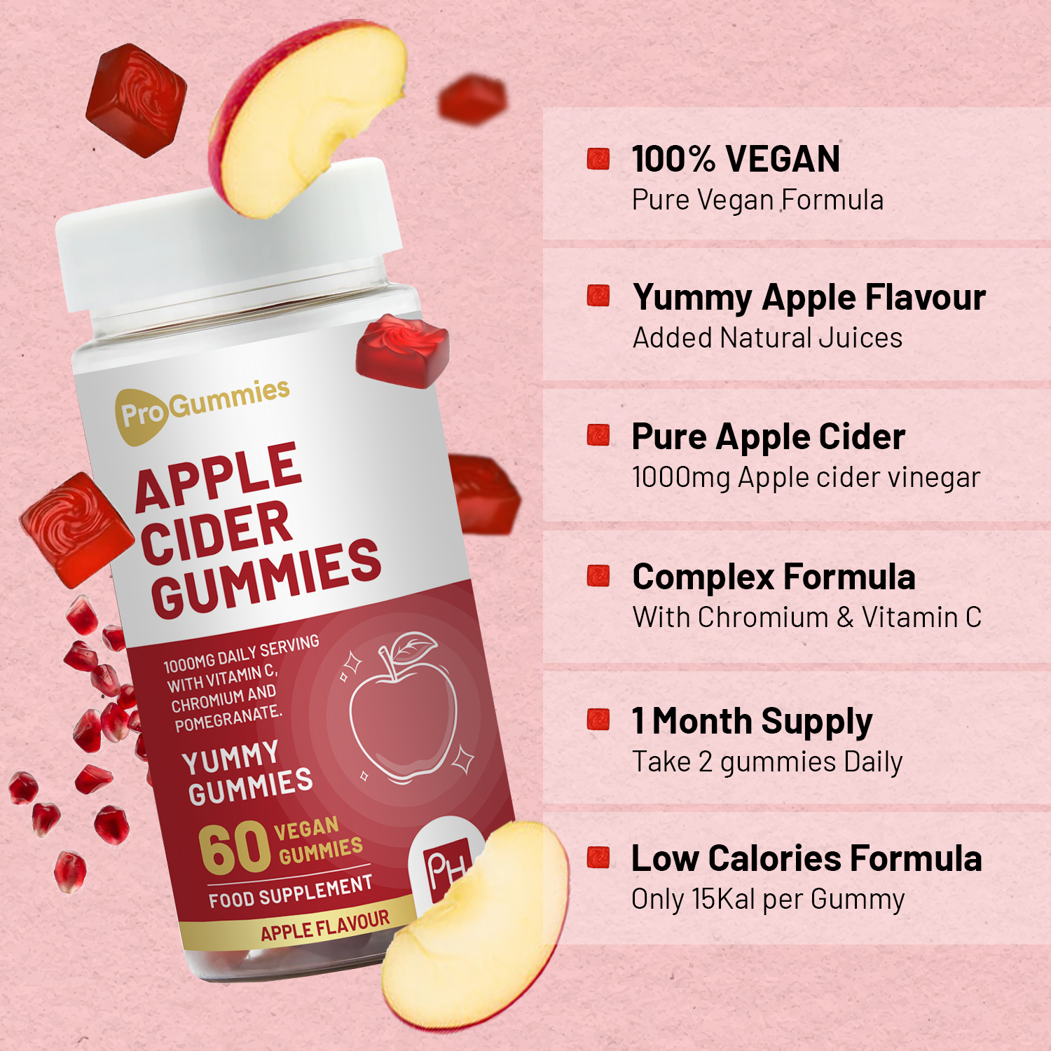 Apple Cider Vinegar Gummies 1000mg vegan apple flavour with vitamin C and chromium UK