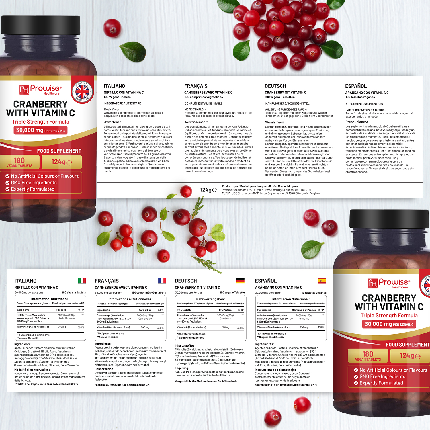 Cranberry with Vitamin C 30000mg multilingual back label information UK