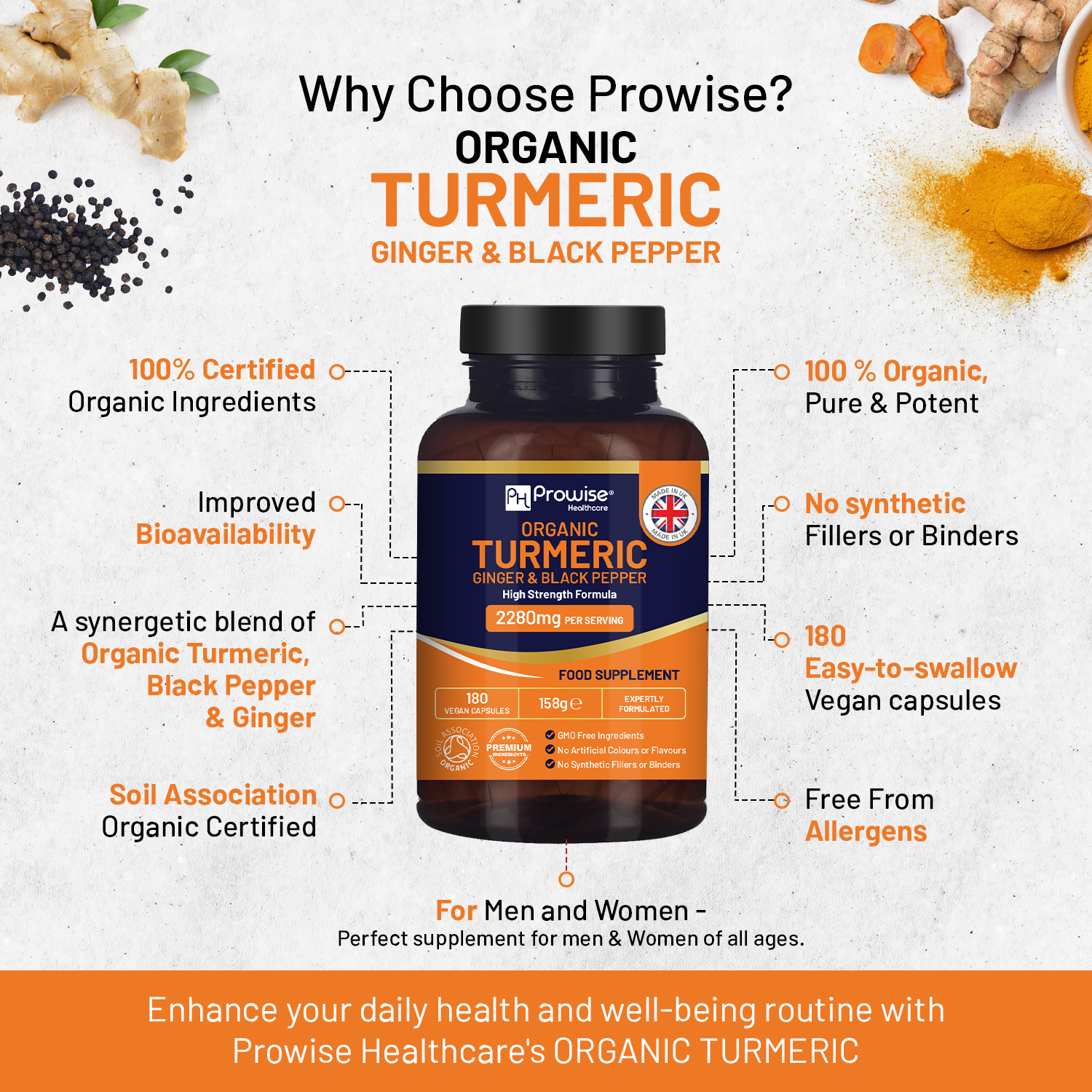 Organic Turmeric 2280mg (High Strength) with Black Pepper & Ginger - 180 Vegan Turmeric Capsules - Image 5