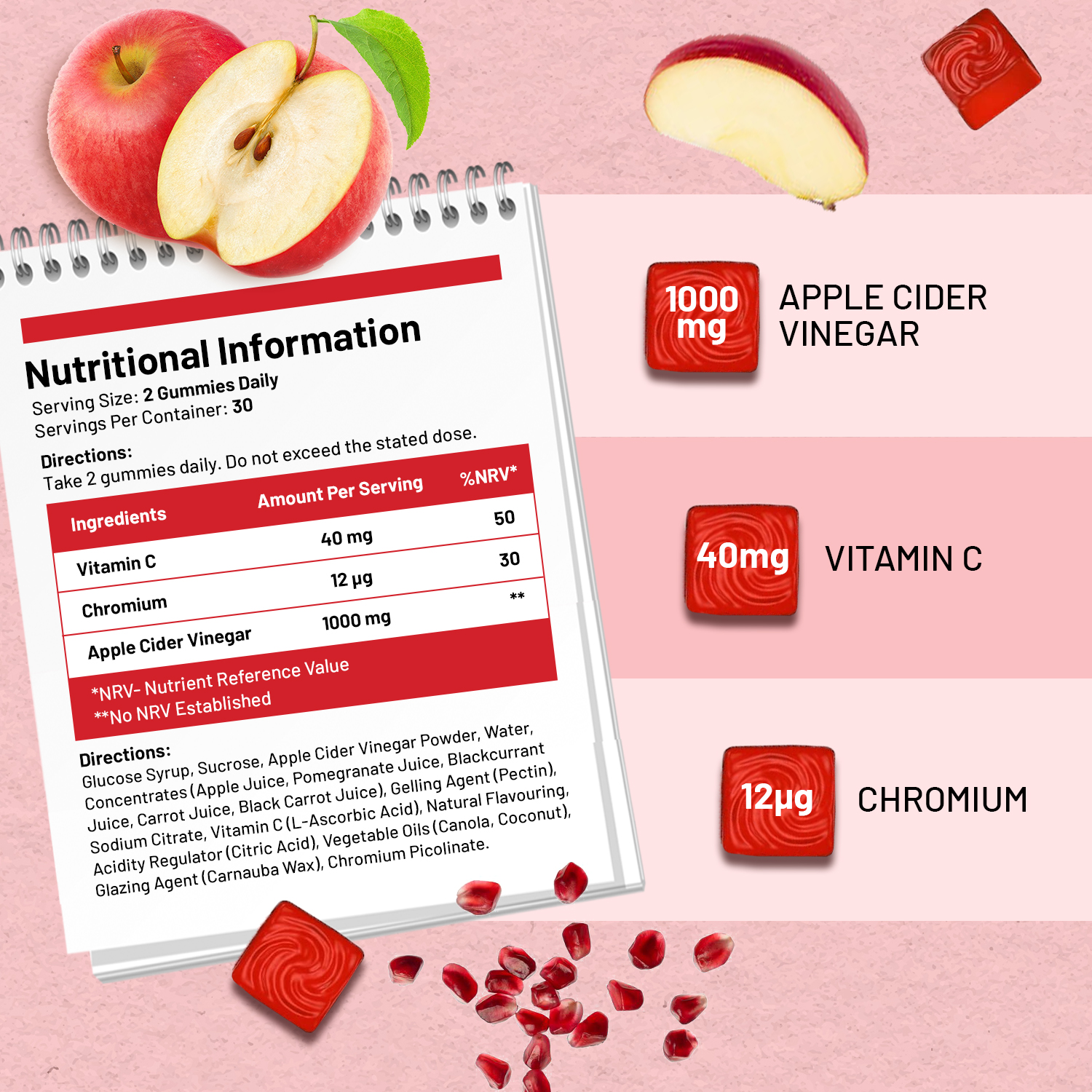 Apple Cider Vinegar Gummies 1000mg with vitamin C and chromium nutrition information UK